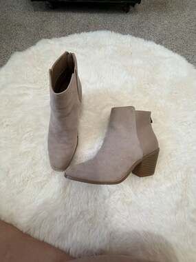 Shoedazzle Women's Taupe Faux Suede Block Heel Ankle Booties with Back Zipper